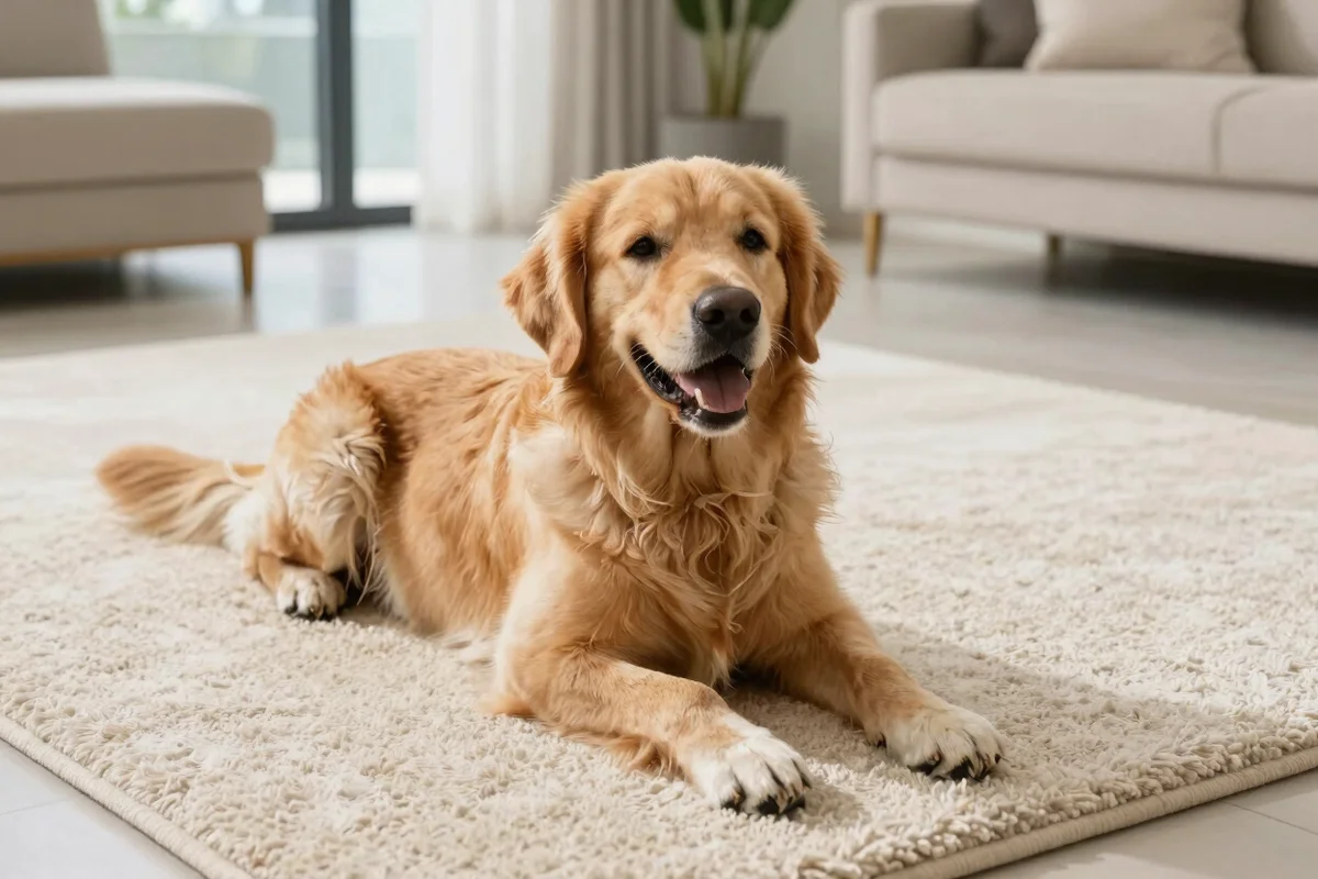 Happy dog lying on a freshly cleaned carpet in a bright Miami living room