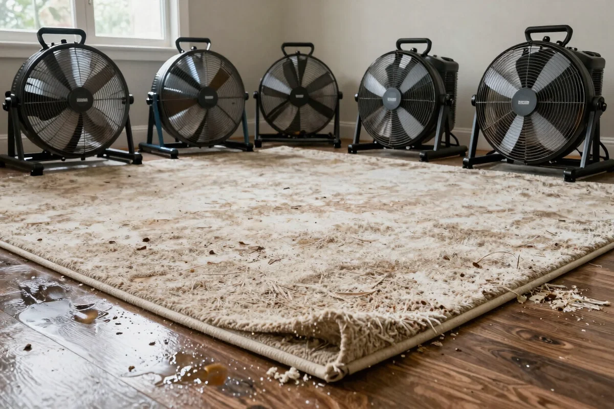 Industrial air movers drying a wet carpet after water damage in a home