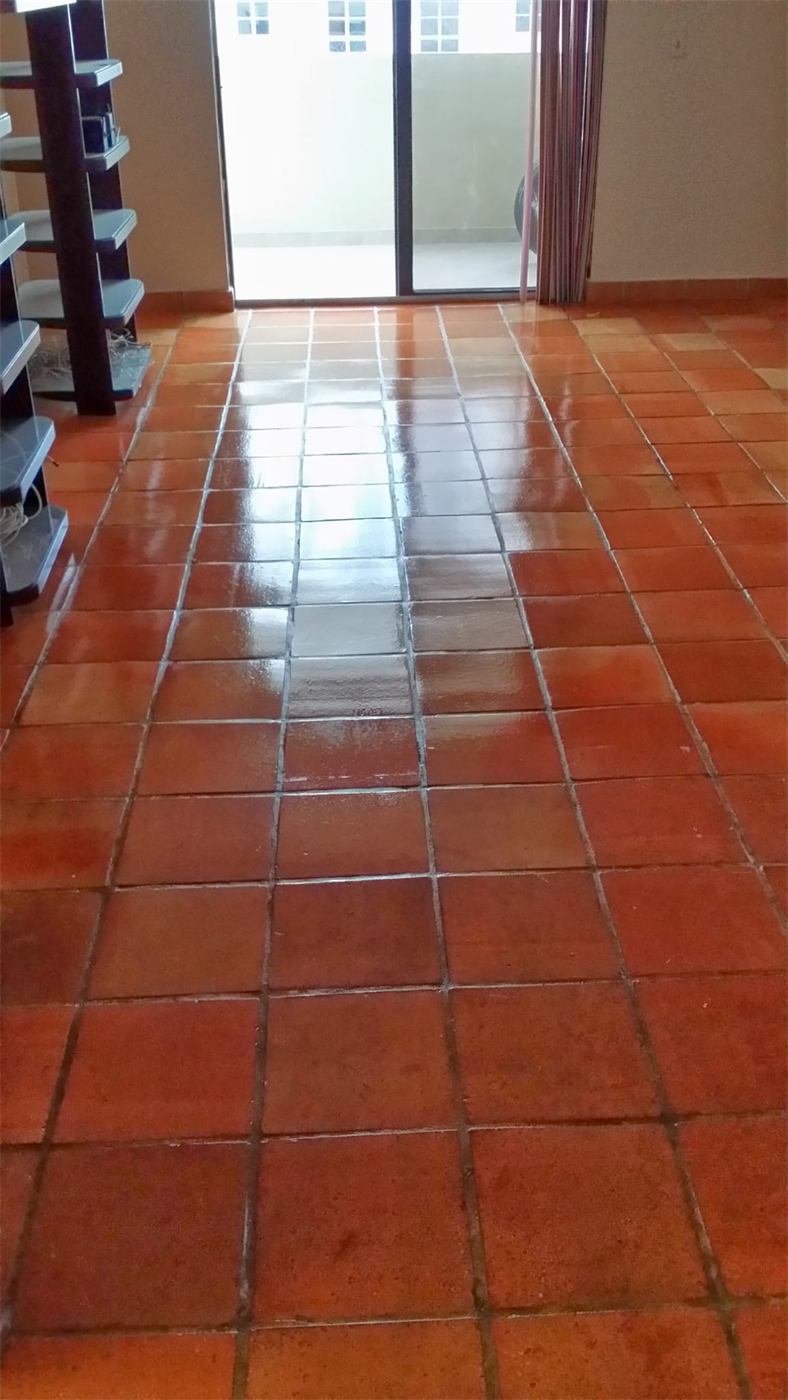 Shiny terracotta tile floor after cleaning