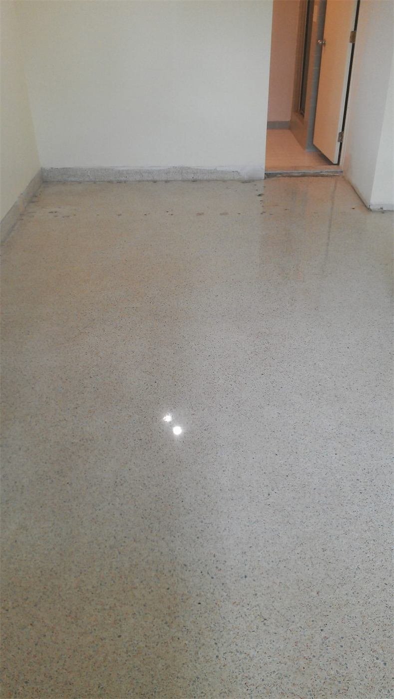 Terrazzo floor showing a polished section next to an unpolished section
